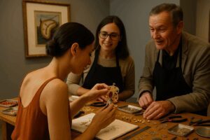 Instructor in brown top teaches two attendees how to create gold jewelry at Norton Museum’s surrealist pendant workshop, with tools and art pieces visible on the table.