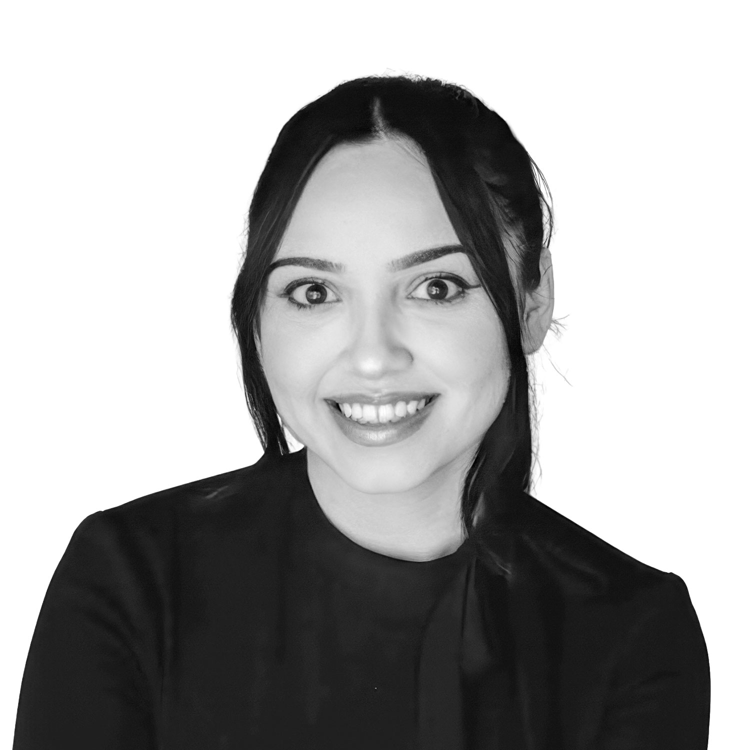 Black-and-white portrait of a smiling woman with dark hair, wearing a black top, facing the camera.
