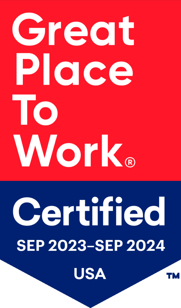 Great Place To Work Certified badge: red upper section with 'Great Place To Work', blue lower banner with 'Certified', 'SEP 2023–SEP 2024', and 'USA'