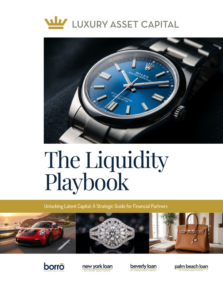 Cover page for the liquidity playbook by luxury asset capital, featuring a close-up blue rolex watch above the title and a gold subtitle strip with partner logos at the bottom.